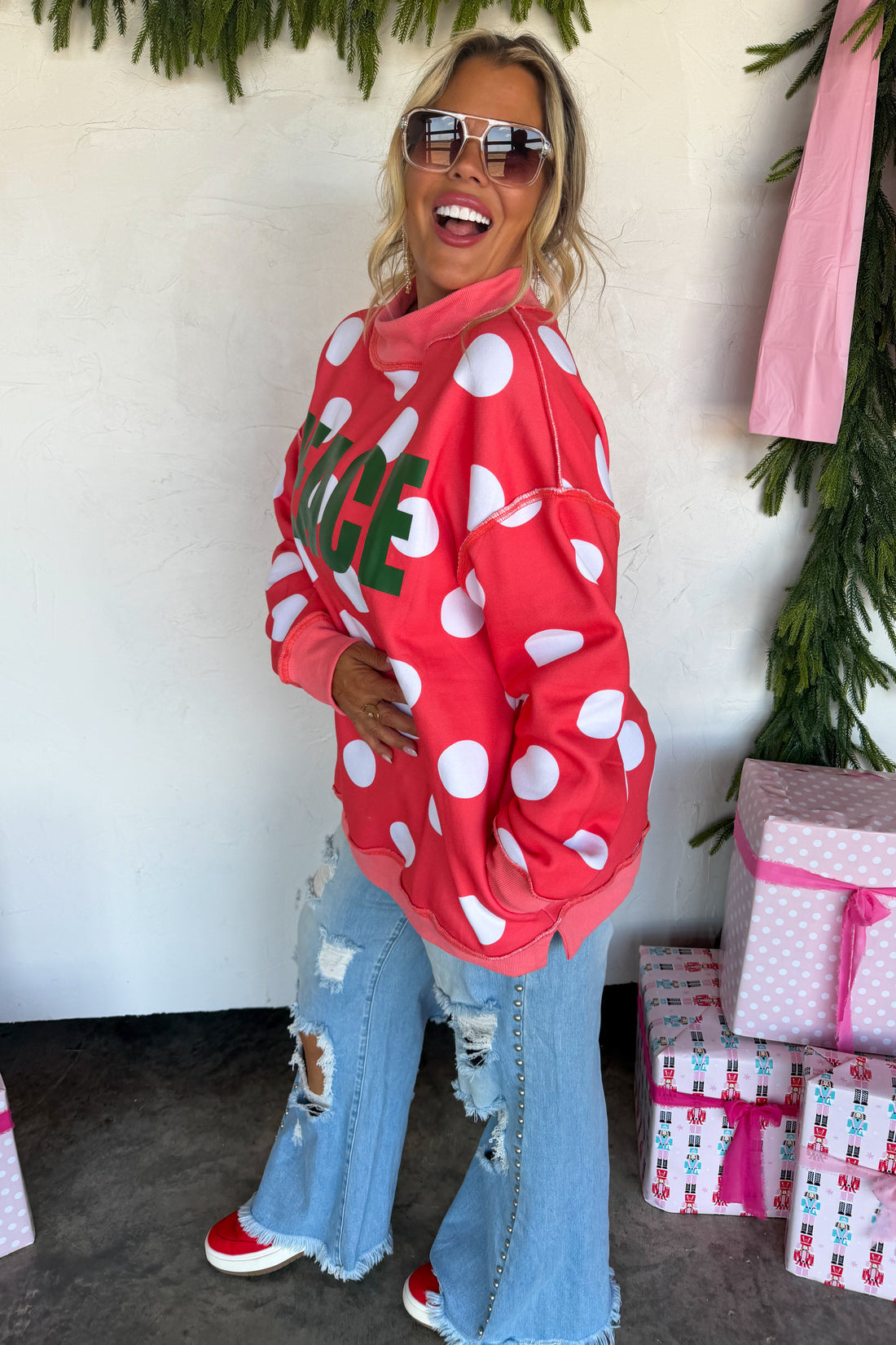 PREORDER- PEACE & POLKA DOT MOCK NECK PULLOVER