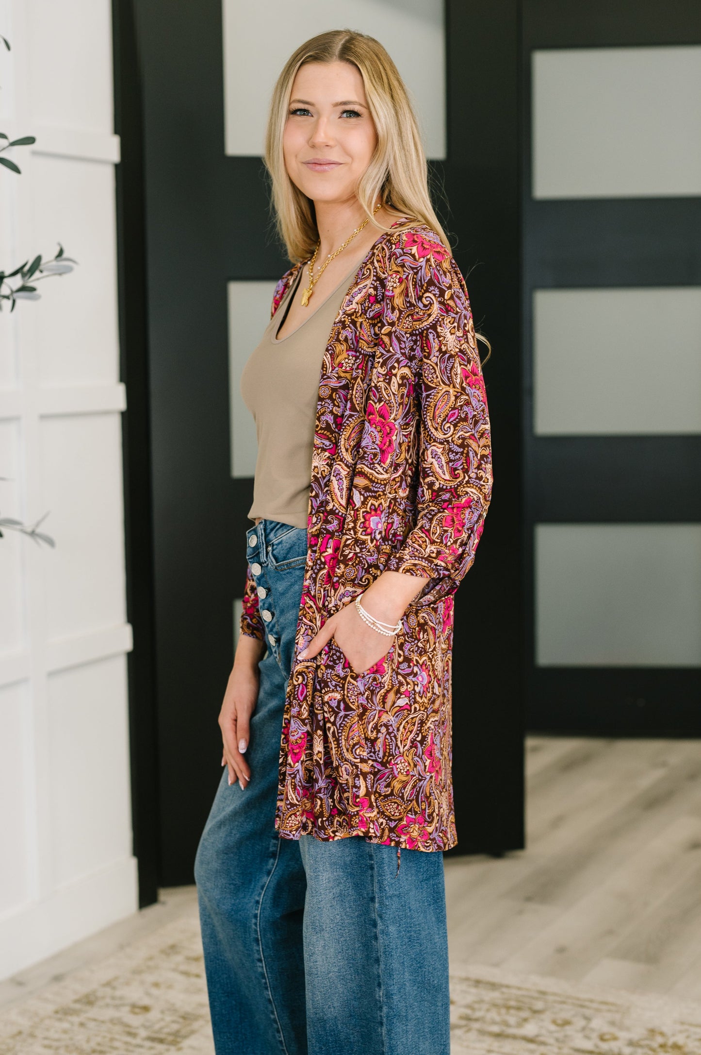 Lizzy Cardigan in Chocolate Paisley