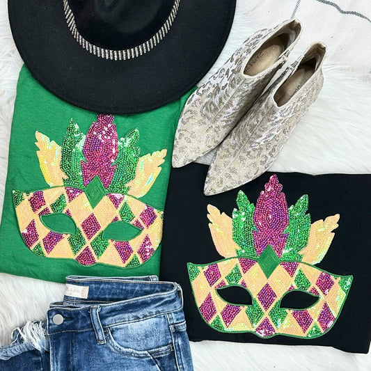 Mardi Gras Mask Sequin Patch Tee