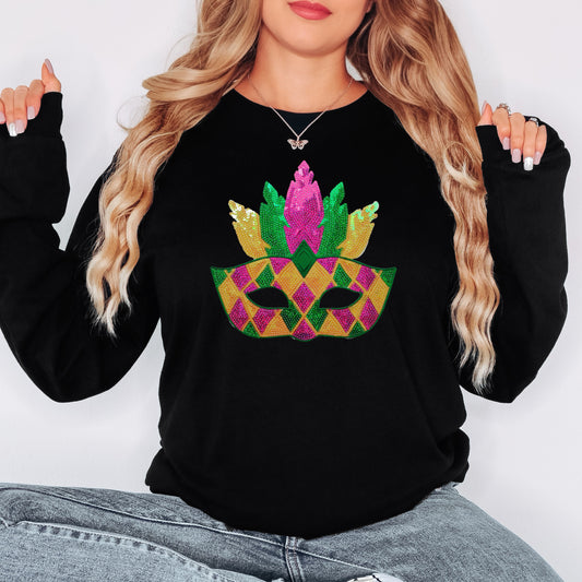 Mardi Gras Mask Sequin Patch  Long Sleeve Tee