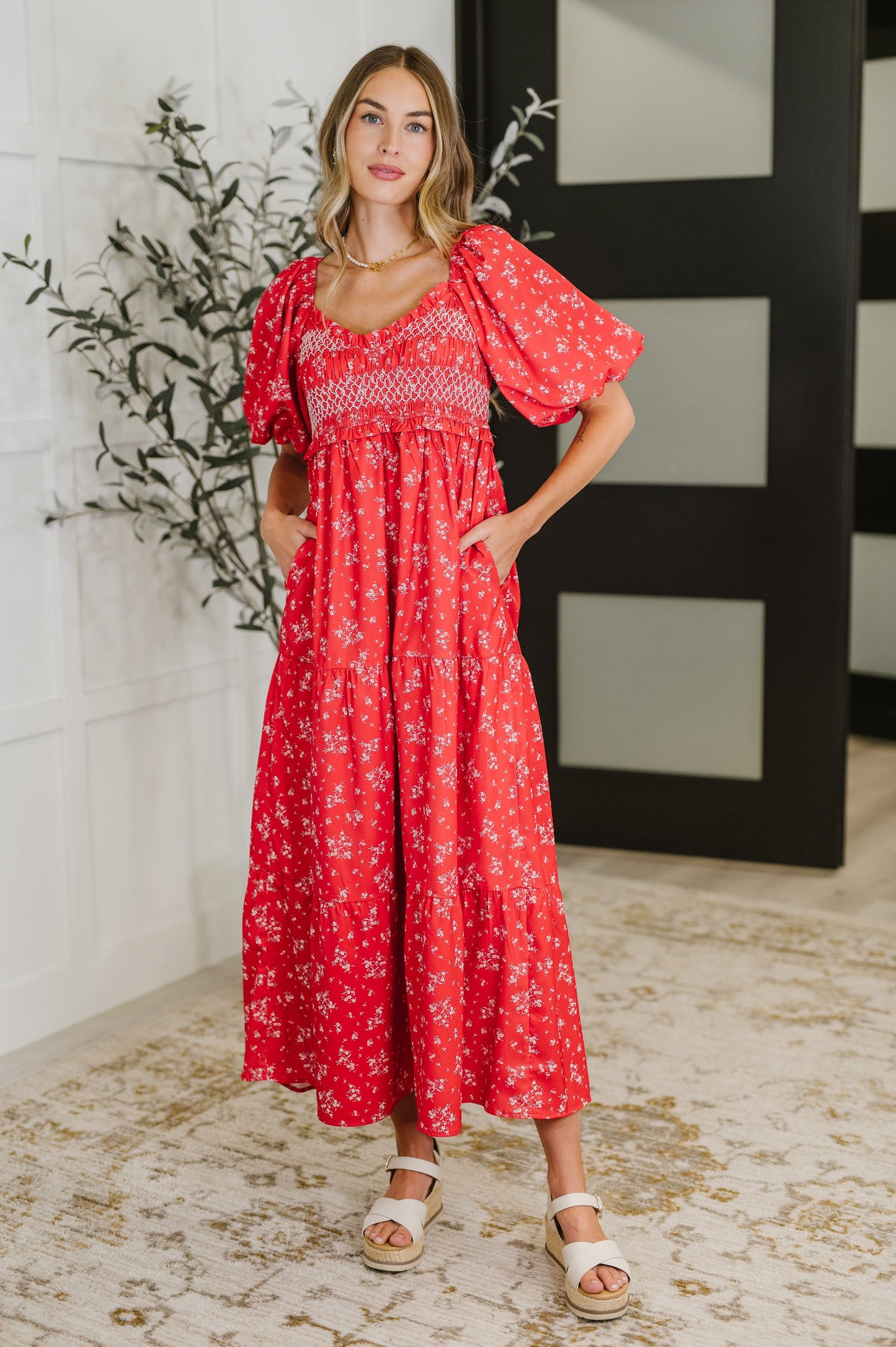 Petals & Promises V-Neck Dress in Red Multi