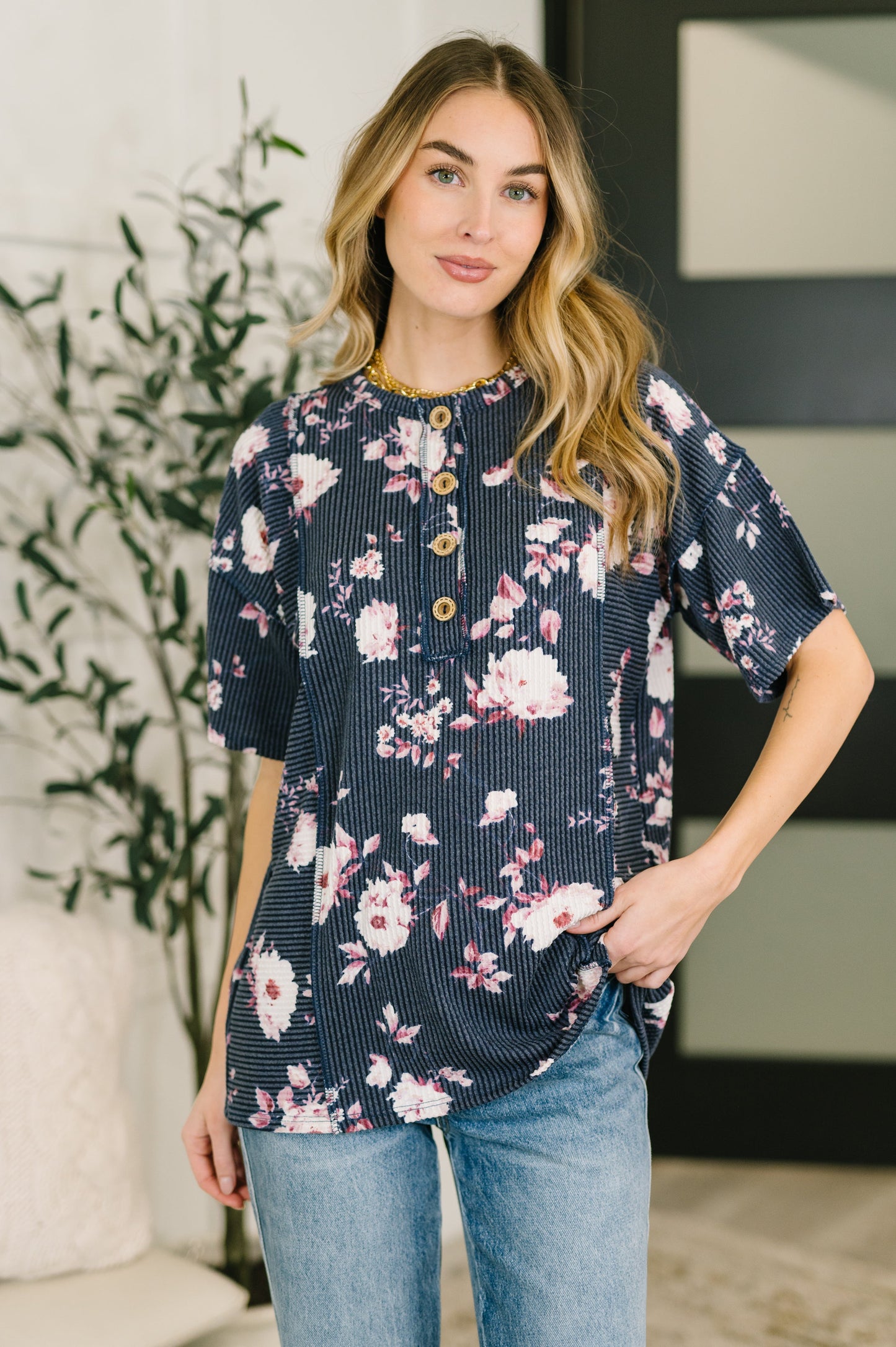 Really Simple Floral Henley Top-