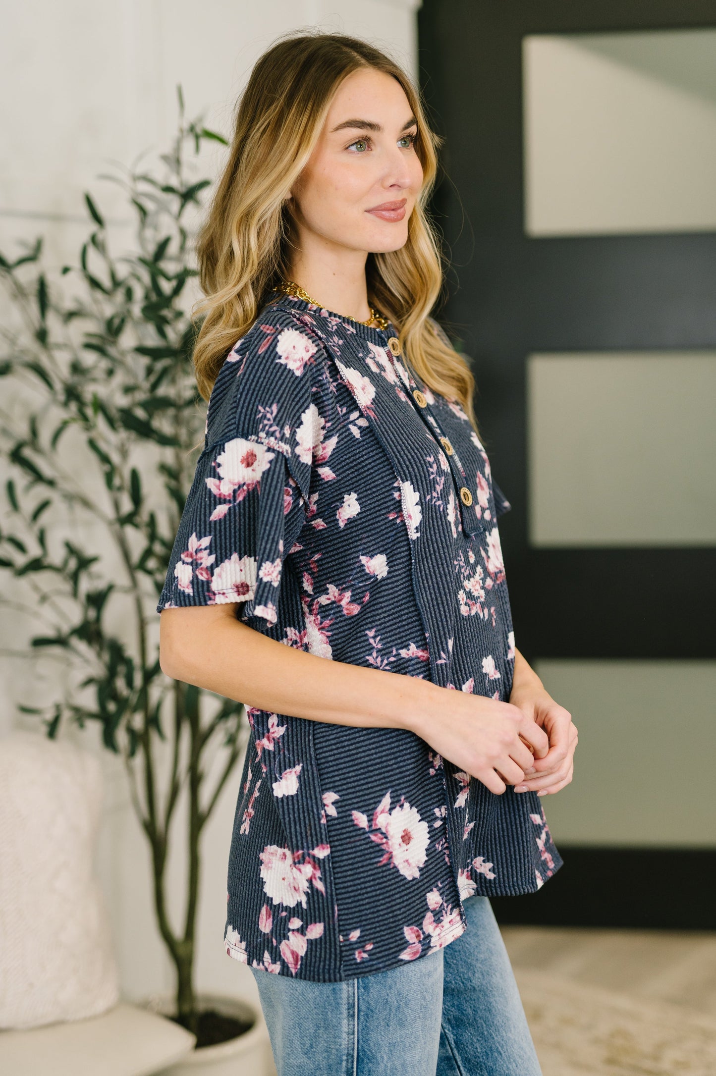 Really Simple Floral Henley Top-