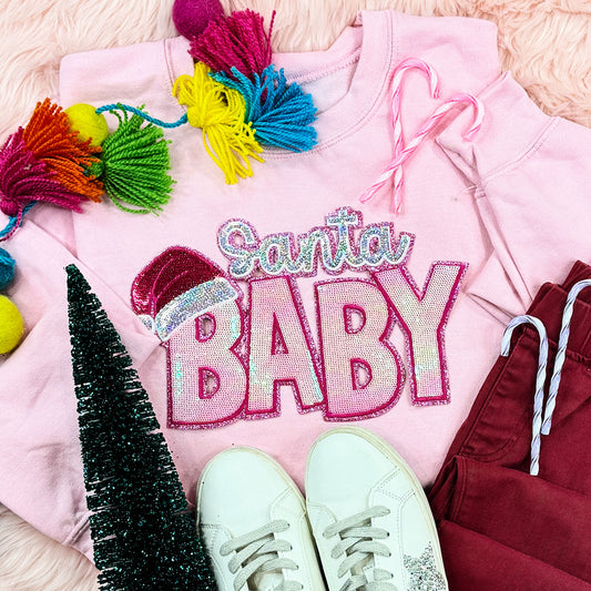 Santa Baby Sequin Patch Christmas Sweatshirt | Pink Holiday Crewneck