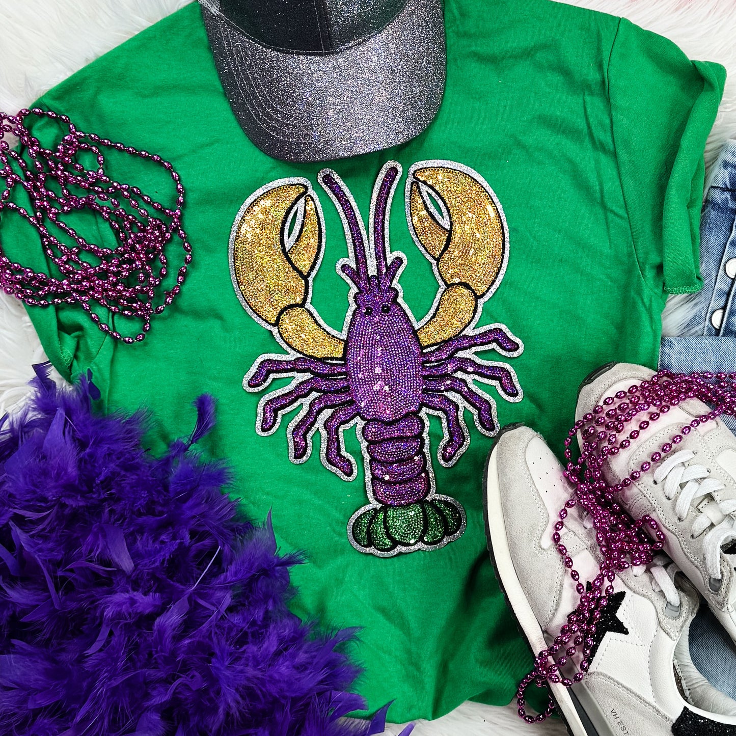 Mardi Gras Crawfish Sequin Patch Tee