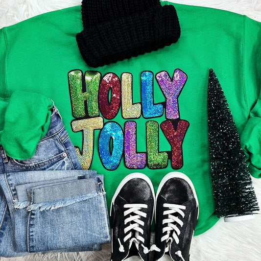 Holly Jolly Sequin Patch Christmas Sweatshirt | Holiday Crewneck & T-Shirt