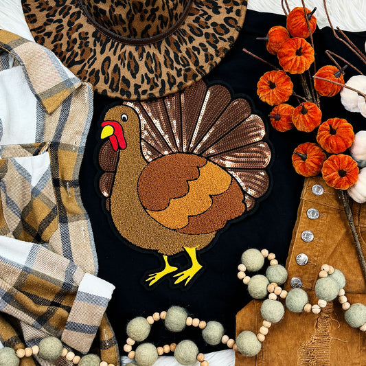 Sequin Turkey Patch Black Tee