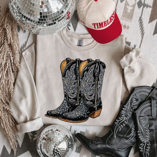 Faux Rhinestone Black Boots Crewneck/Tee