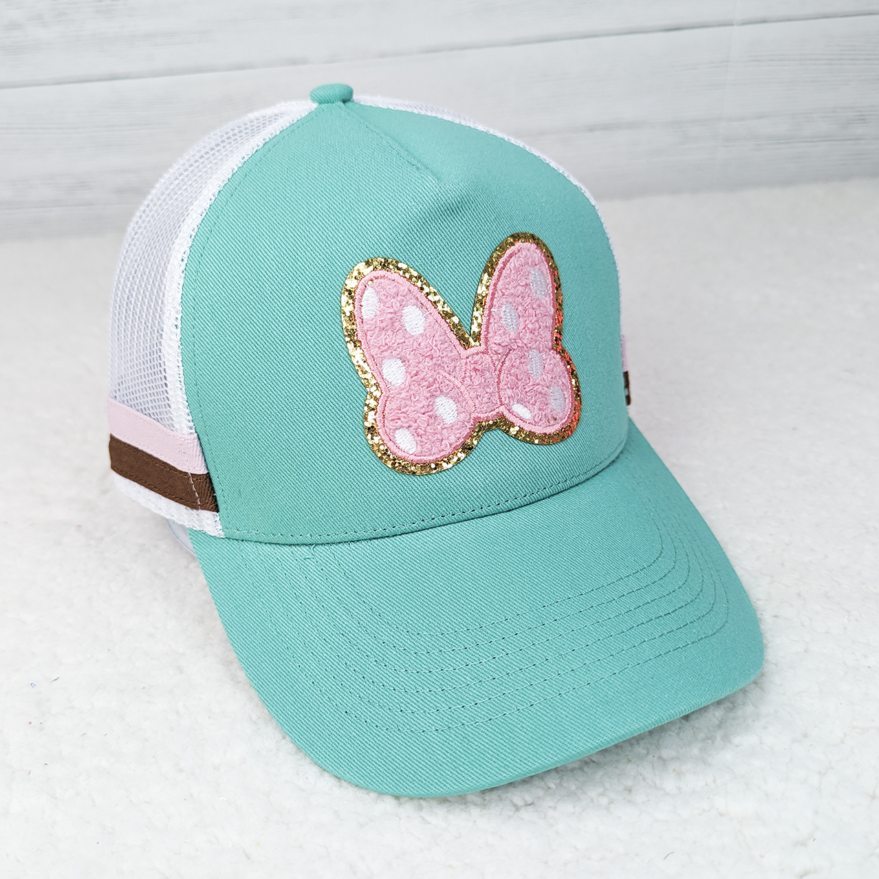 Glitter Chenille Bow onTurquoise and White Trucker Cap