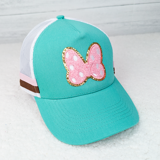 Glitter Chenille Bow onTurquoise and White Trucker Cap