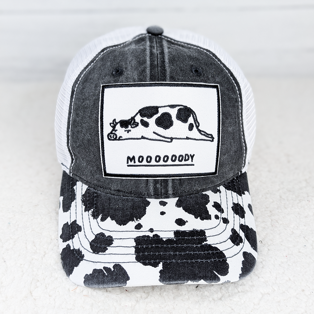 Mooooody Embroidered Patch on Cow Print Denim Cap