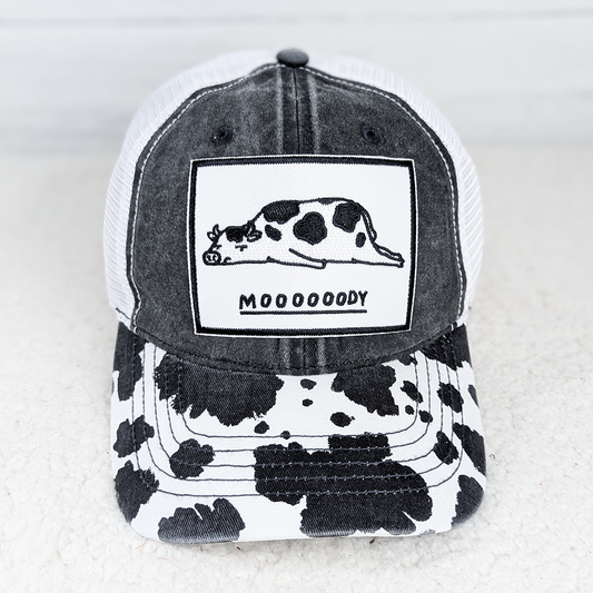 Mooooody Embroidered Patch on Cow Print Denim Cap