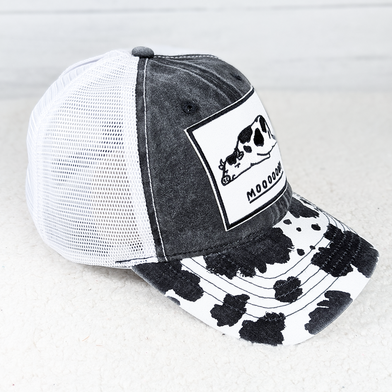 Mooooody Embroidered Patch on Cow Print Denim Cap