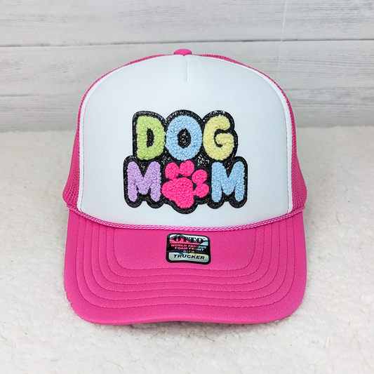DOG MOM Glitter Chenille Trucker Cap