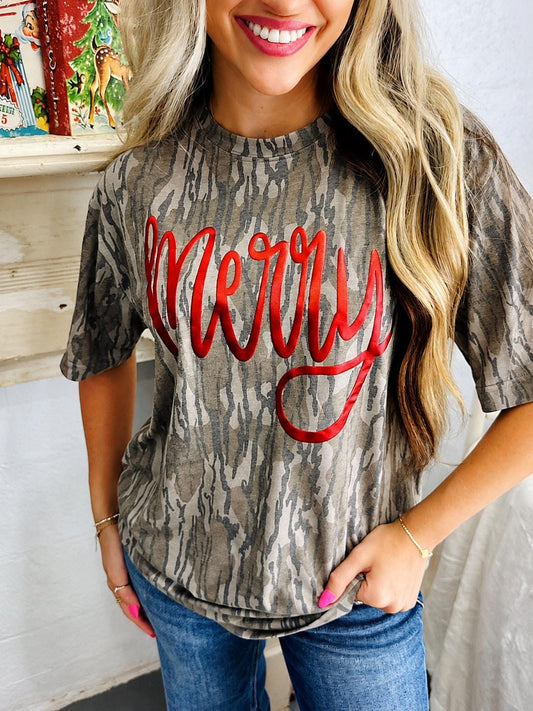 Merry Metallic Puff Mossy Oak Tee | Authentic Bottomland Christmas Tee