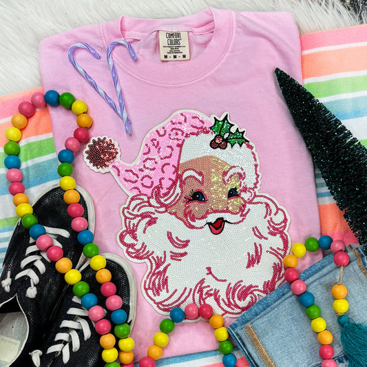 Pink Santa Sequin Patch Christmas T-Shirt | Preppy Holiday Tee