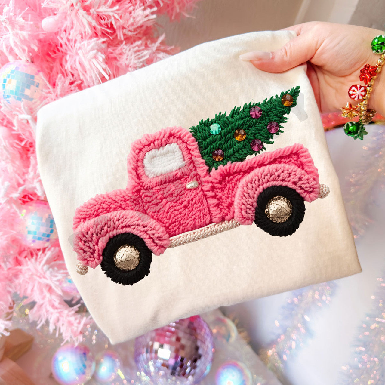 Faux Yarn Pink Christmas Truck Tee