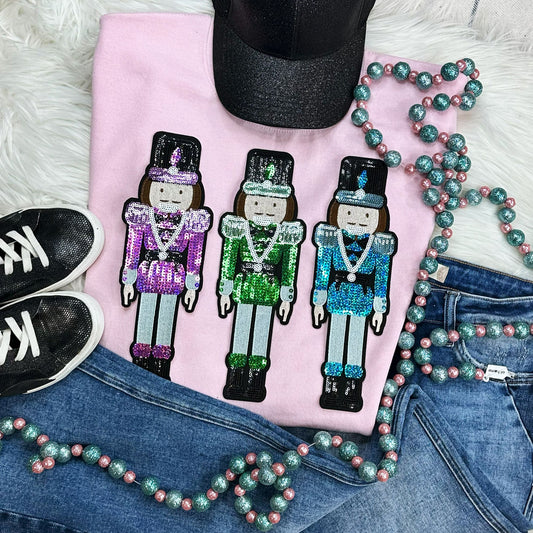 Triple Nutcracker Sequin Christmas Sweatshirt | Light Pink Holiday Crewneck